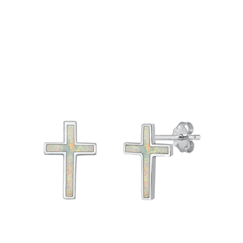 Sterling Silver White 14mm Lab Opal Cross Earring