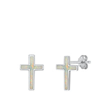 Load image into Gallery viewer, Sterling Silver White 14mm Lab Opal Cross Earring