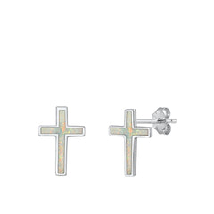 Sterling Silver White 14mm Lab Opal Cross Earring