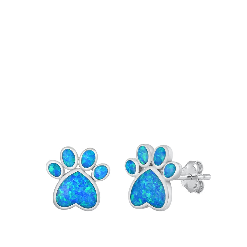 Sterling Silver Blue Lab Opal Paw Print Stud Earring