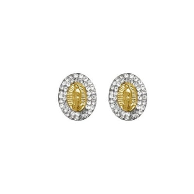 OroTrue 14K Yellow Gold Oval CZ Virgin Mary Screw Back Stud Earring