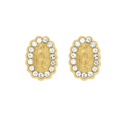 OroTrue 14K Yellow Gold Mini Oval CZ Virgin Mary Screw Back Stud Earring