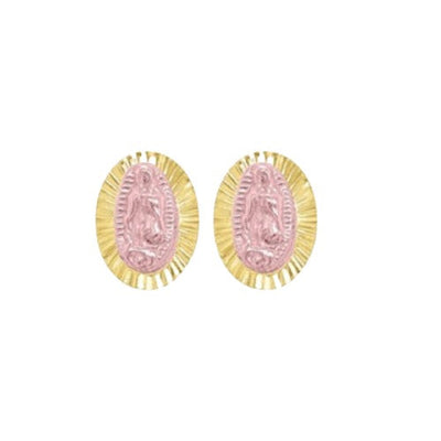 OroTrue 14K Yellow Gold Border With Rose Gold Virgin Mary Screw Back Stud Earring