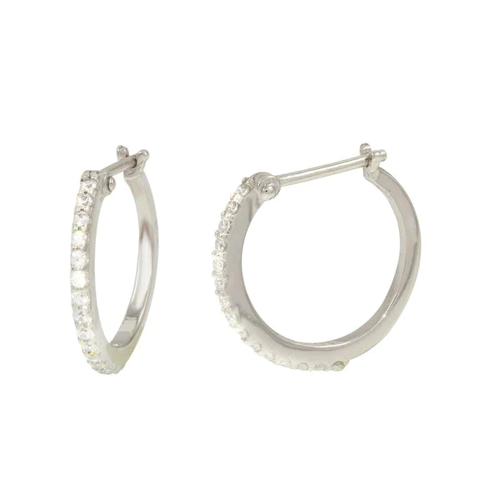 Sterling Silver Rhodium Plated Delicate Pave Round Hoop Earring with Earring Dimensions of 16MMx1MM
