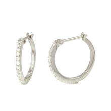 Load image into Gallery viewer, Sterling Silver Rhodium Plated Delicate Pave Round Hoop Earring with Earring Dimensions of 16MMx1MM