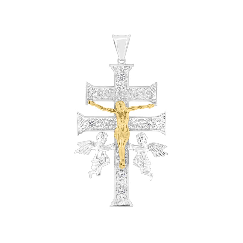 Sterling Silver Two Toned Plated Caravaca Cross Clear CZ Pendant