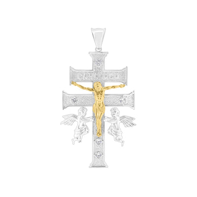 Sterling Silver Two Toned Plated Caravaca Cross Clear CZ Pendant
