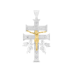 Sterling Silver Two Toned Plated Caravaca Cross Clear CZ Pendant