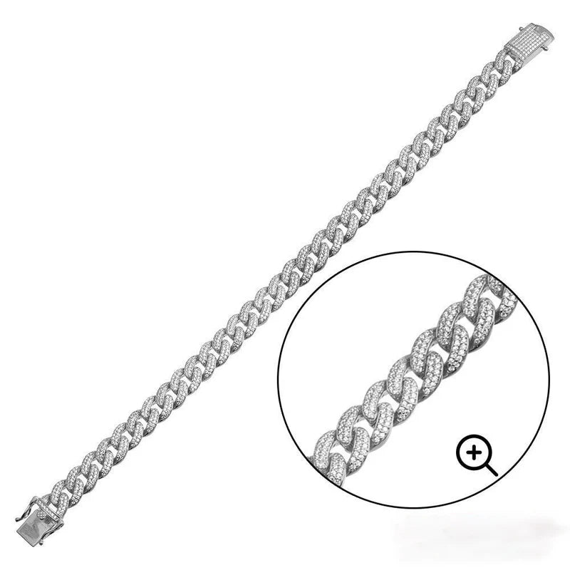 Sterling Silver Rhodium Plated Moissanite Curb 9.5mm Bracelet and Necklace