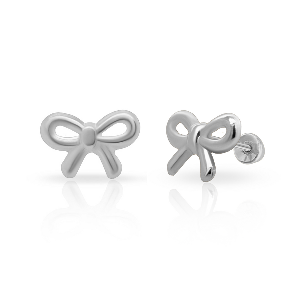 Sterling Silver Rhodium Plated Bow Screw Back Earring