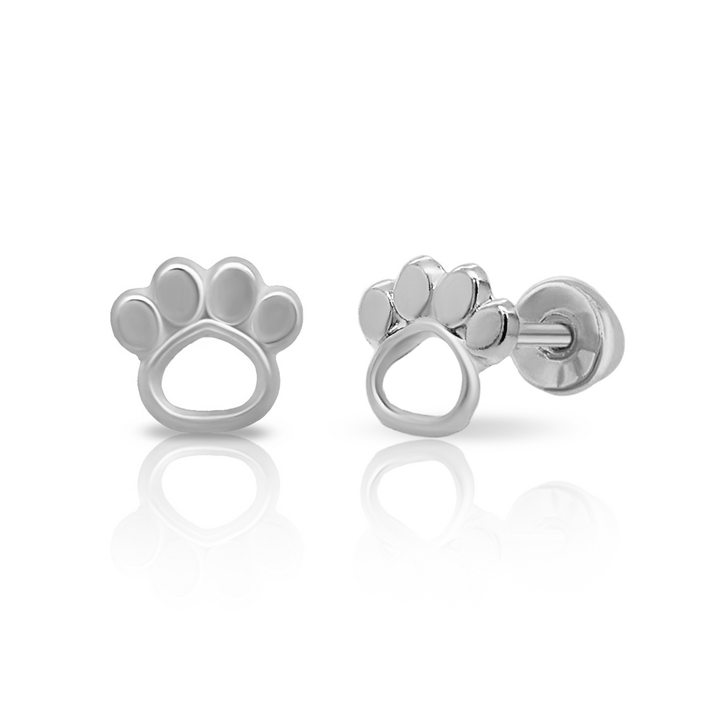 Sterling Silver Rhodium Plated Paw Print Screw Back Earring
