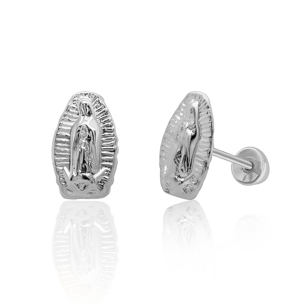 Sterling Silver Rhodium Plated Small Virgin Mary Screw Back Earring