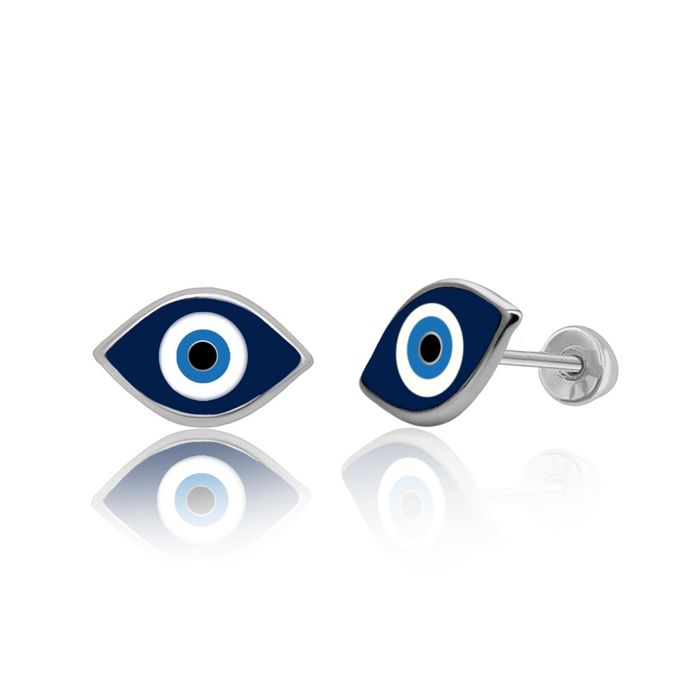 Sterling Silver Rhodium Plated Enamel Evil Eye Screw Back Earring