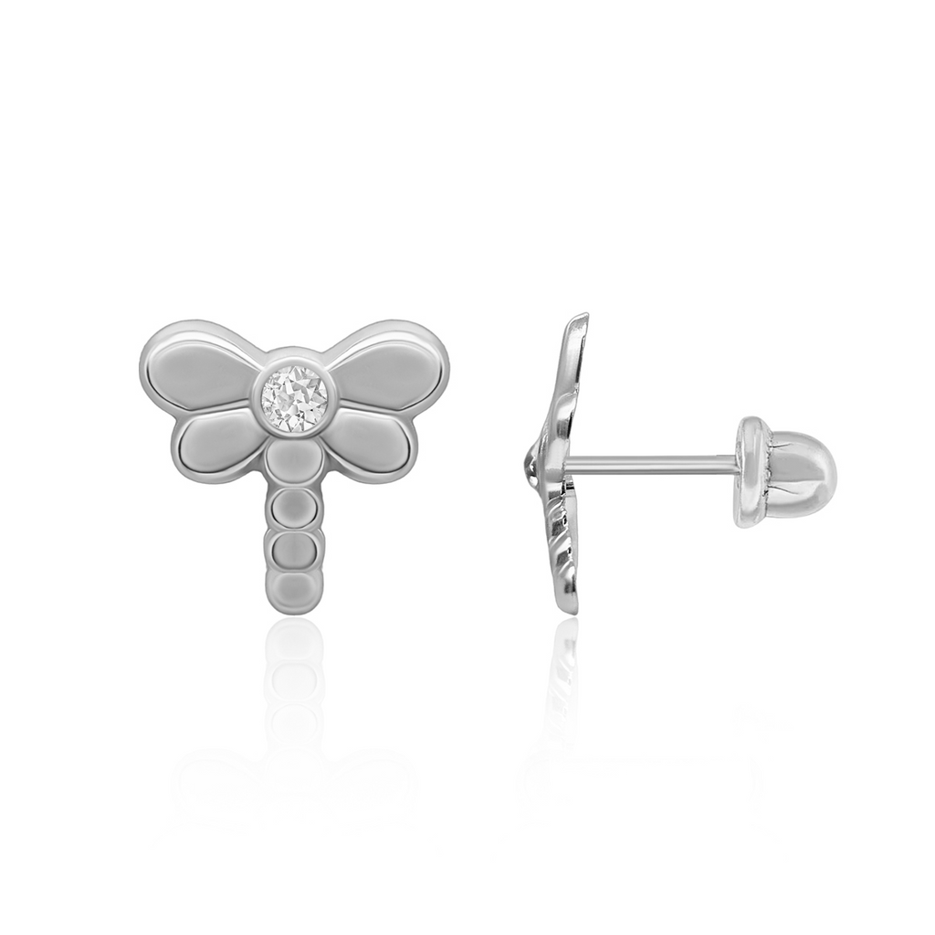 SilaDore Sterling Silver Rhodium Plated Dragonfly CZ Screw Back Earring