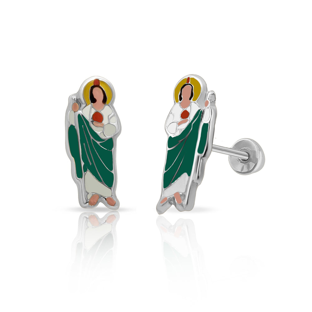 Sterling Silver Rhodium Plated Enamel Saint Jude Screw Back Earring