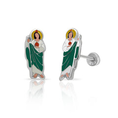 SilaDore Sterling Silver Rhodium Plated Enamel Saint Jude Screw Back Earring