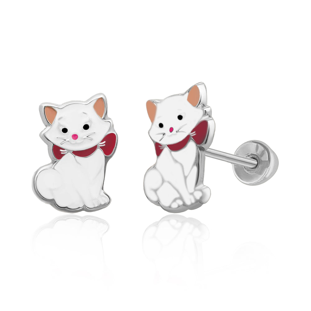 Sterling Silver Rhodium Plated Cat Enamel Screw Back Earring