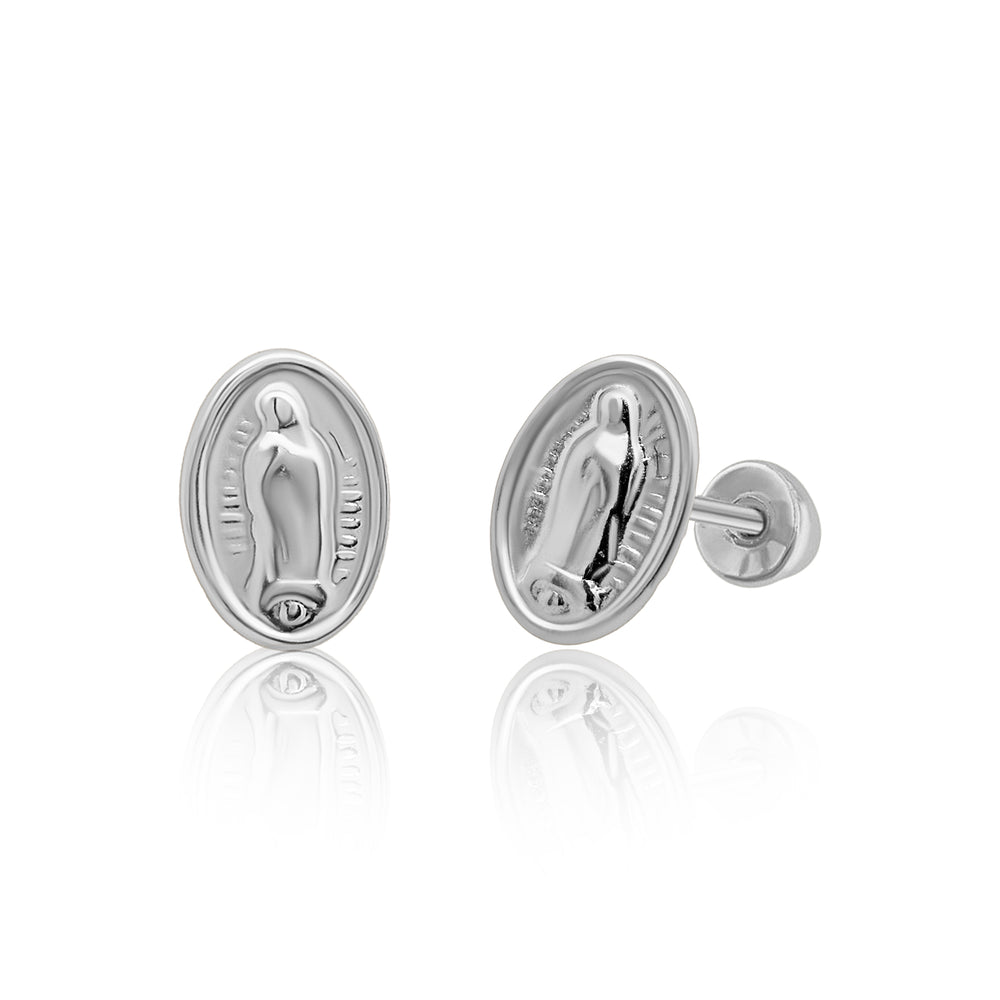 Sterling Silver Rhodium Plated Oval Virgin Mary Screw Back Earring