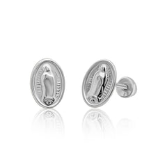 SilaDore Sterling Silver Rhodium Plated Oval Virgin Mary Screw Back Earring