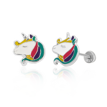 Load image into Gallery viewer, SilaDore Sterling Silver Rhodium Plated Unicorn Head Screw Back Earring