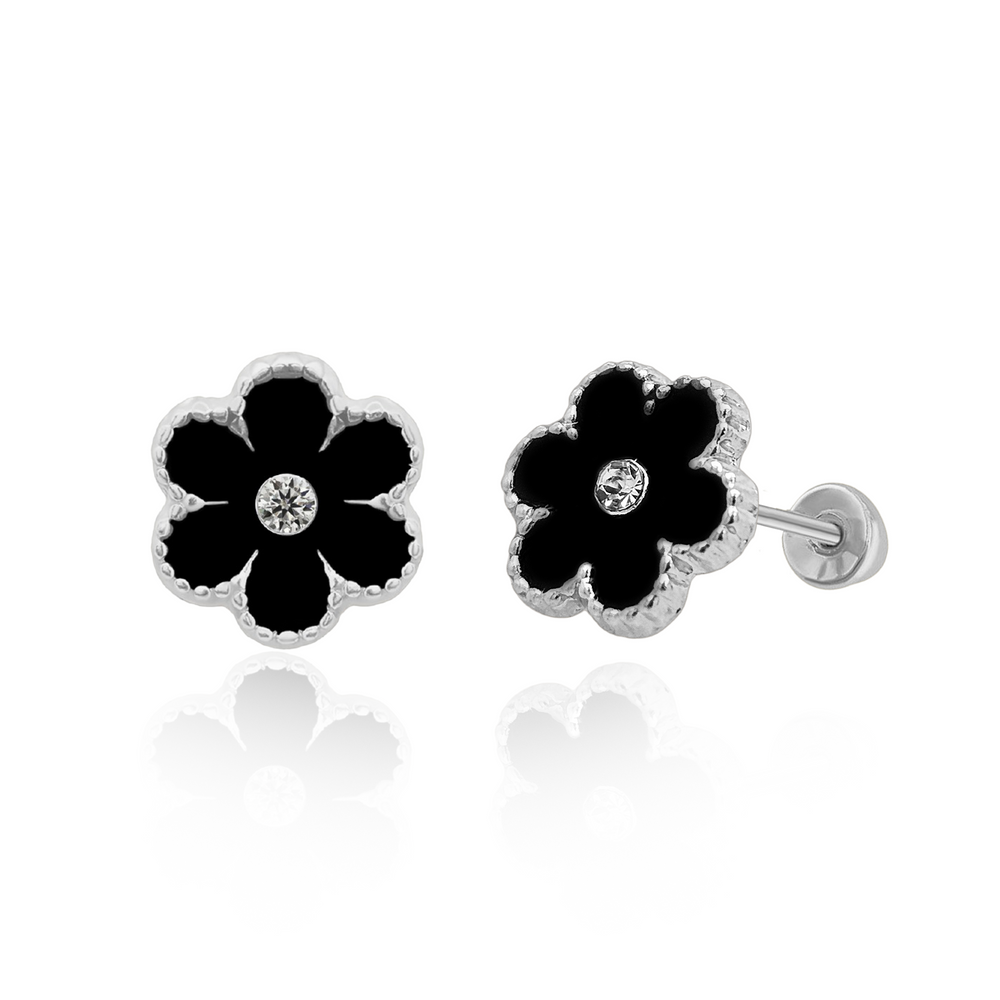 Sterling Silver Rhodium Plated Black Flower Screw Back Earring