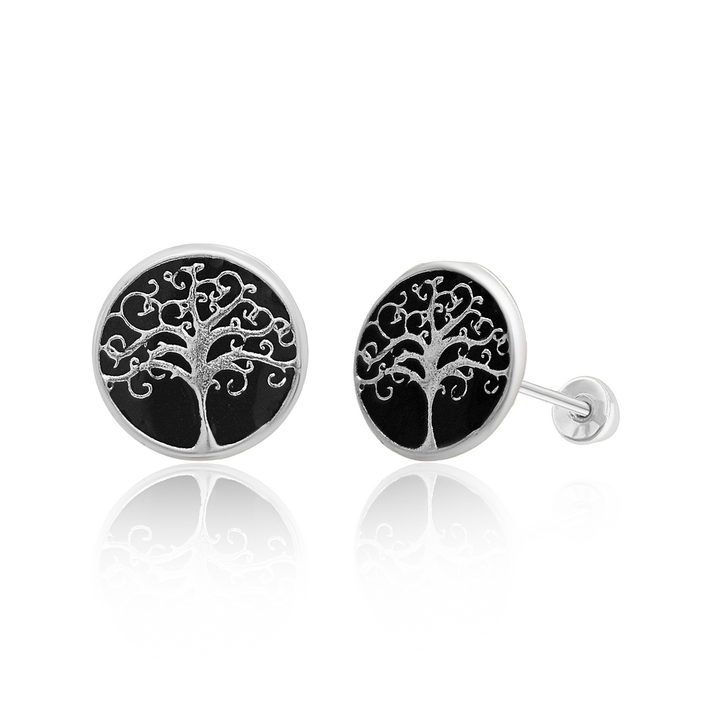 SilaDore Sterling Silver Rhodium Plated Tree Of Life With Black Background Screw Back Earring