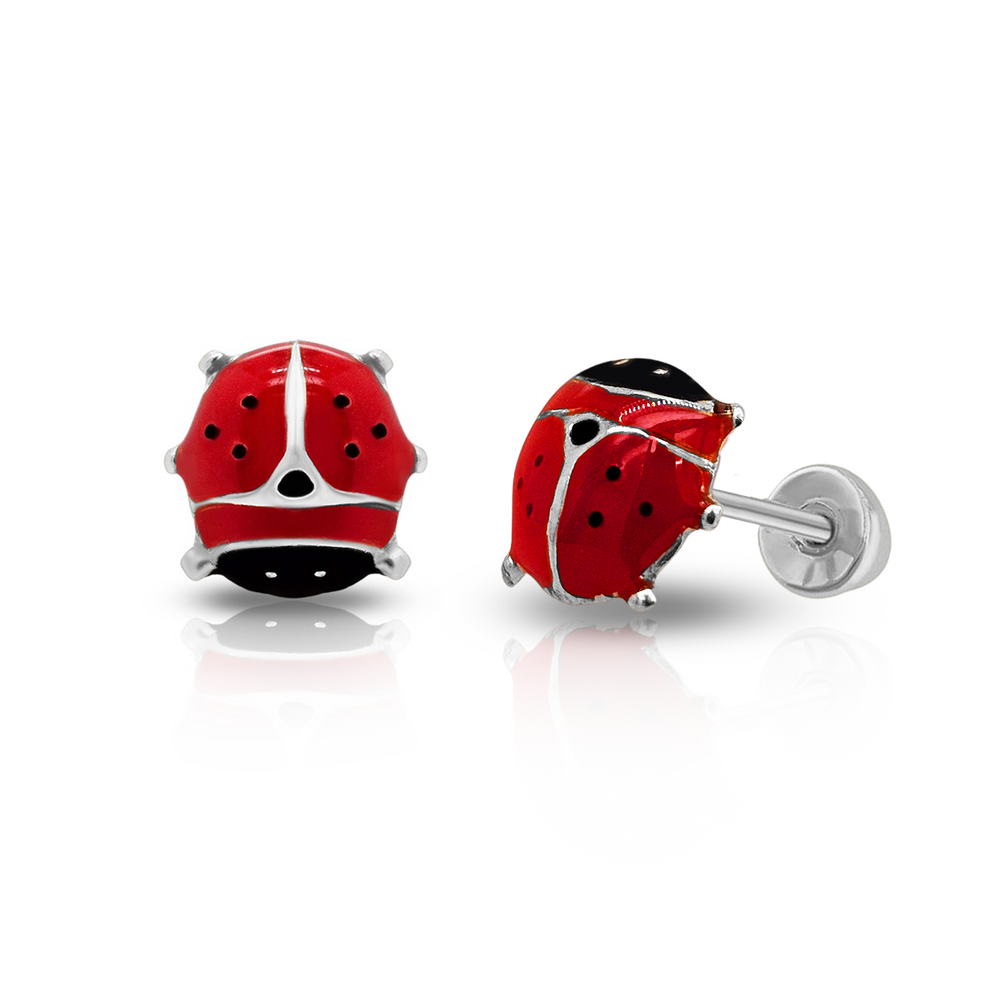 Sterling Silver Rhodium Plated Large Enamel Lady Bug Screw Back Earring