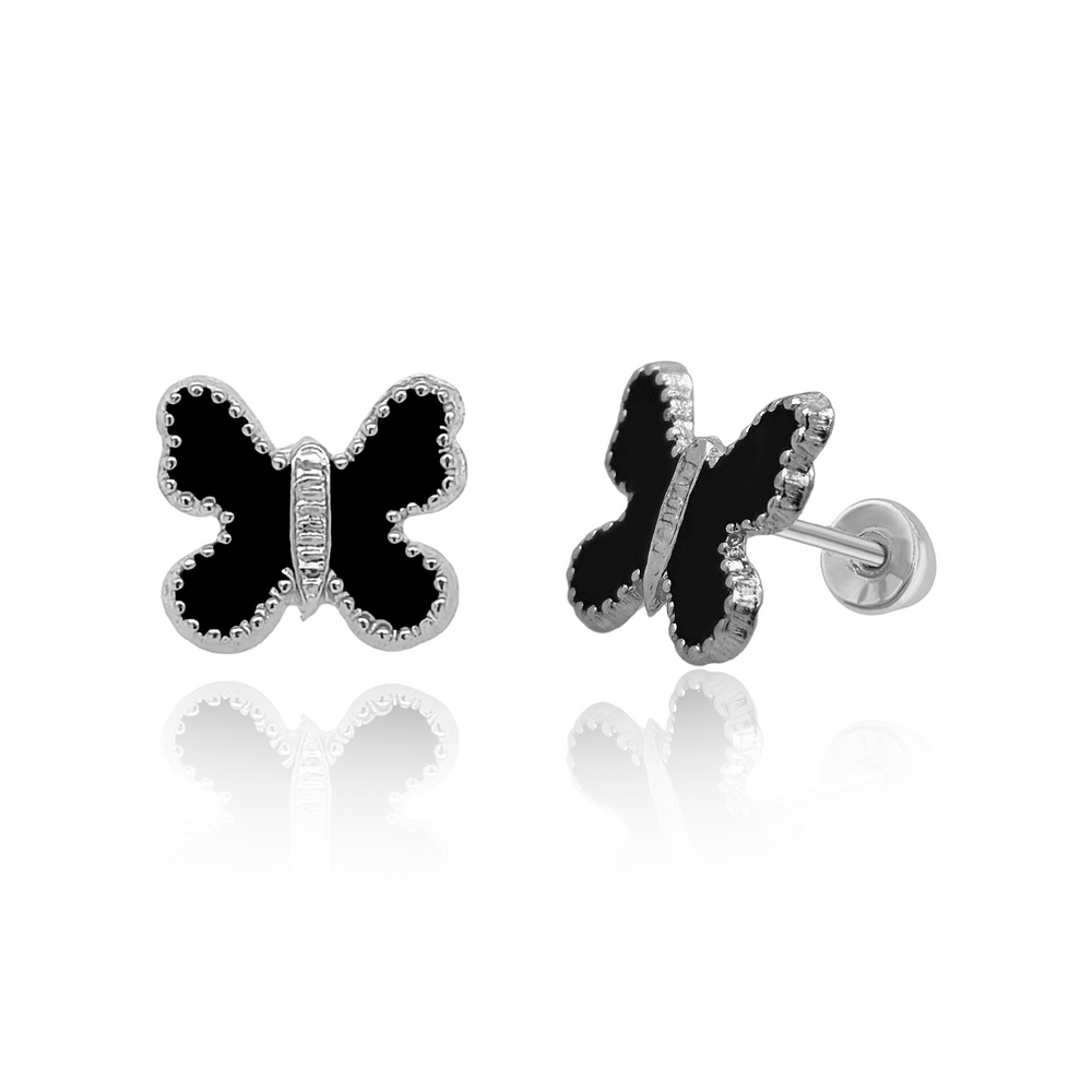 Sterling Silver Rhodium Plated Enamel Black Butterfly Screw Back Earring