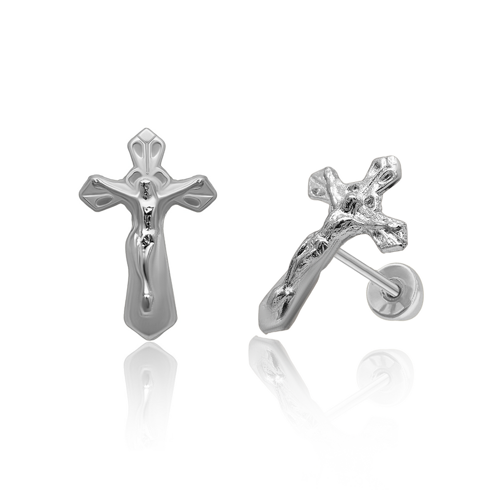 Sterling Silver Rhodium Plated Crucifix Screw Back Earring