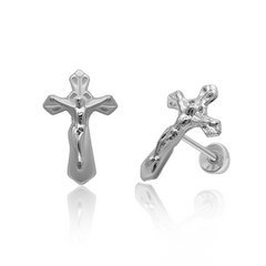 SilaDore Sterling Silver Rhodium Plated Crucifix Screw Back Earring