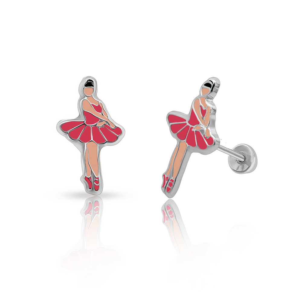 Sterling Silver Rhodium Plated Enamel Ballerina Screw Back Earring