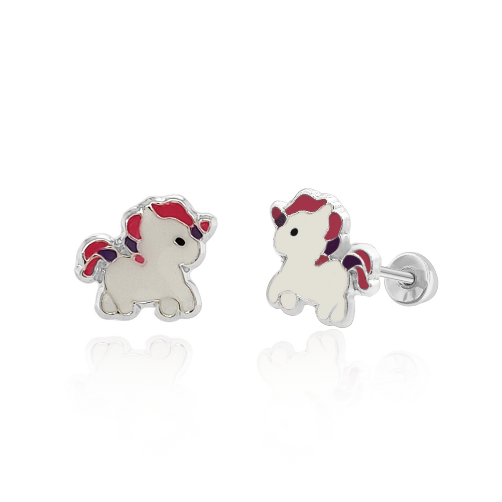 Sterling Silver Rhodium Plated Enamel Small Unicorn Screw Back Earring