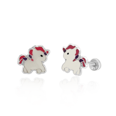 SilaDore Sterling Silver Rhodium Plated Enamel Small Unicorn Screw Back Earring