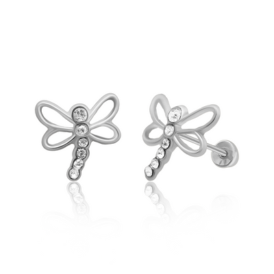 Sterling Silver Rhodium Plated Dragonfly Screw back Earring