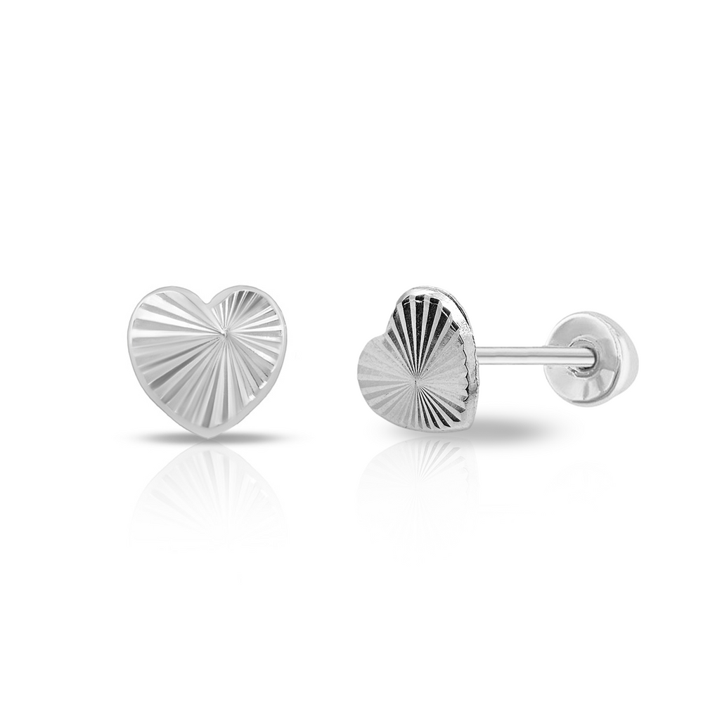 Sterling Silver Rhodium Plated Diamond Cut Heart Screw Back Earring