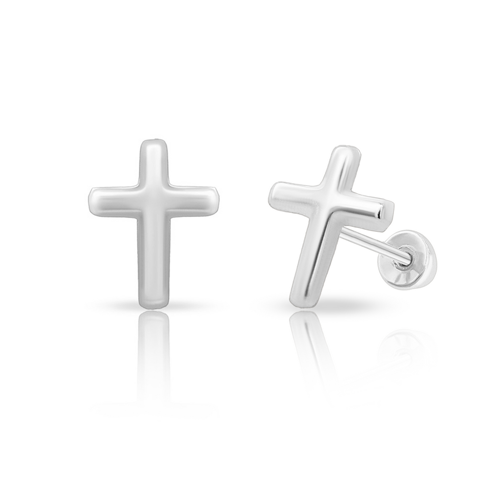 Sterling Silver Rhodium Plated Cross Screw Back Earring