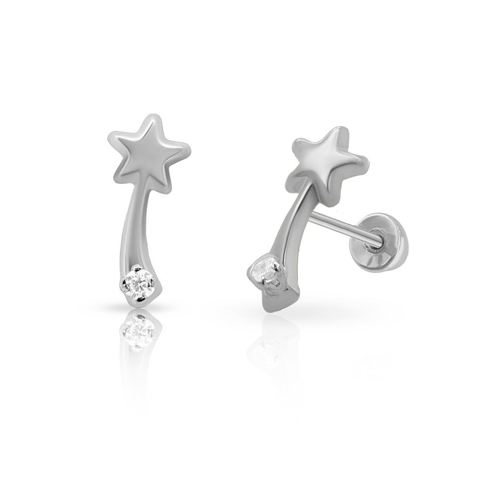 Sterling Silver Rhodium Plated Shooting Star Screw Back Earring
