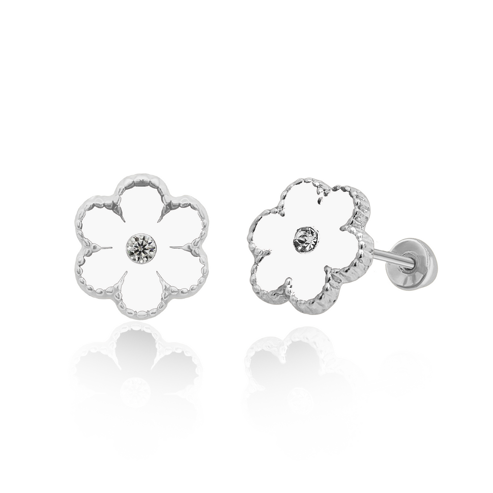 Sterling Silver Rhodium Plated White Flower Screw Back Earring