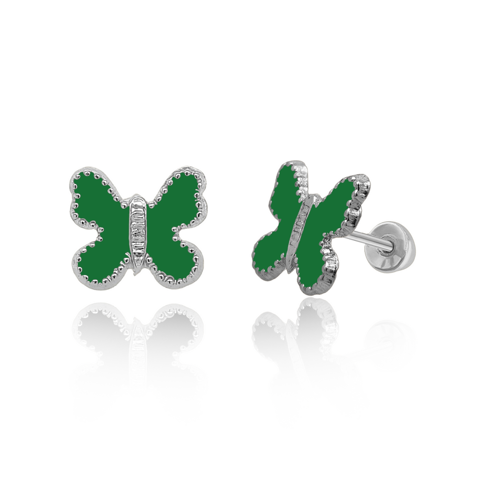 Sterling Silver Rhodium Plated Enamel Green Butterfly Screw Back Earring