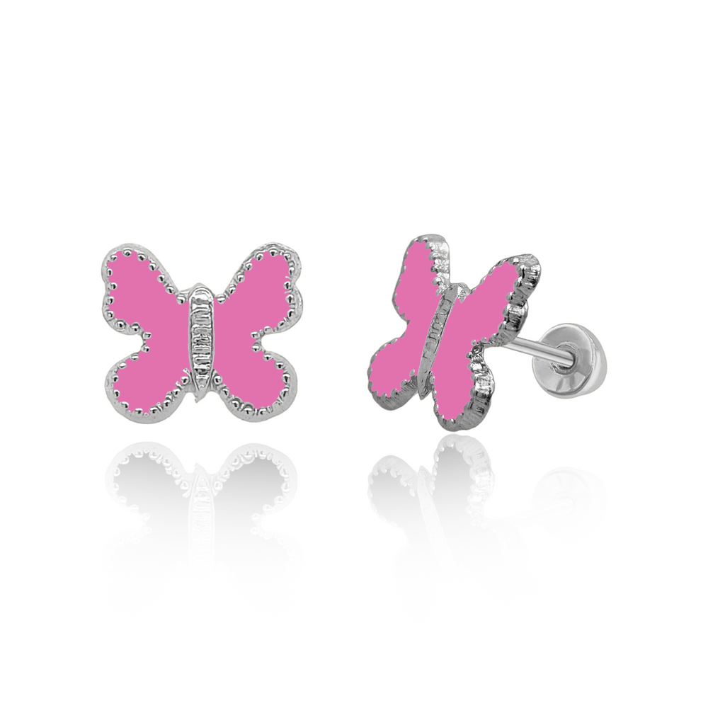 Sterling Silver Rhodium Plated Enamel Pink Butterfly Screw Back Earring