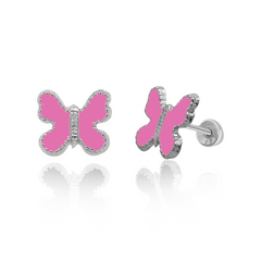 SilaDore Sterling Silver Rhodium Plated Enamel Pink Butterfly Screw Back Earring