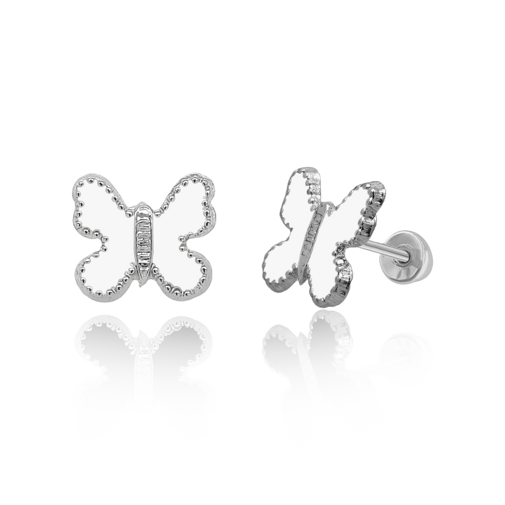 Sterling Silver Rhodium Plated Enamel White Butterfly Screw Back Earring