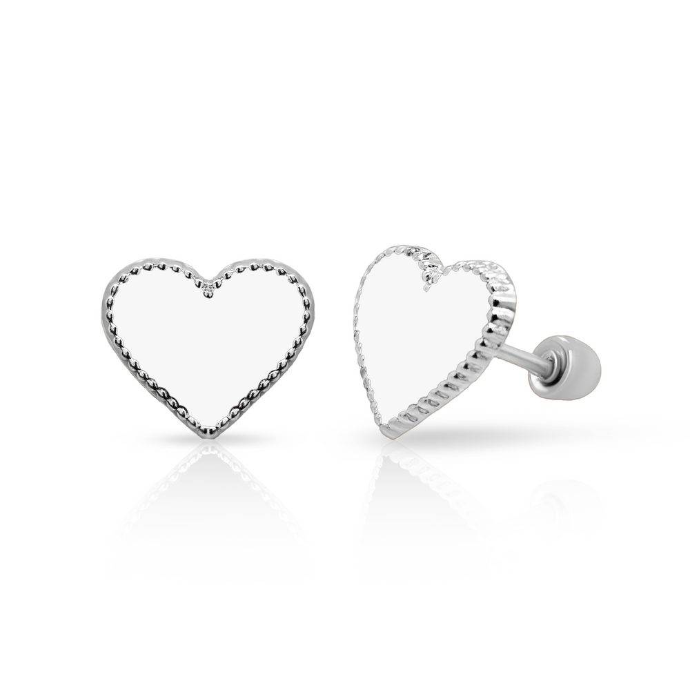 Sterling Silver Rhodium Plated Enamel White Heart Screw Back Earring