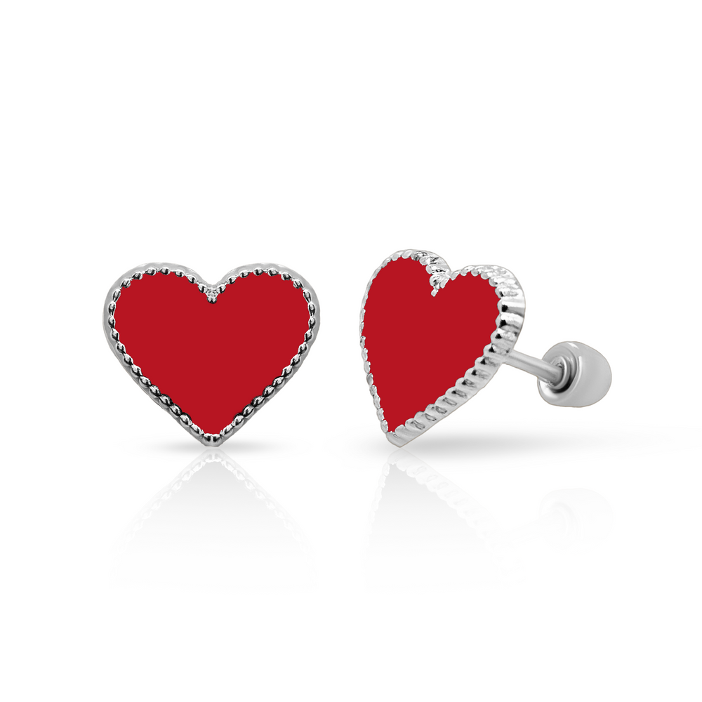 Sterling Silver Rhodium Plated Enamel Red Heart Screw Back Earring