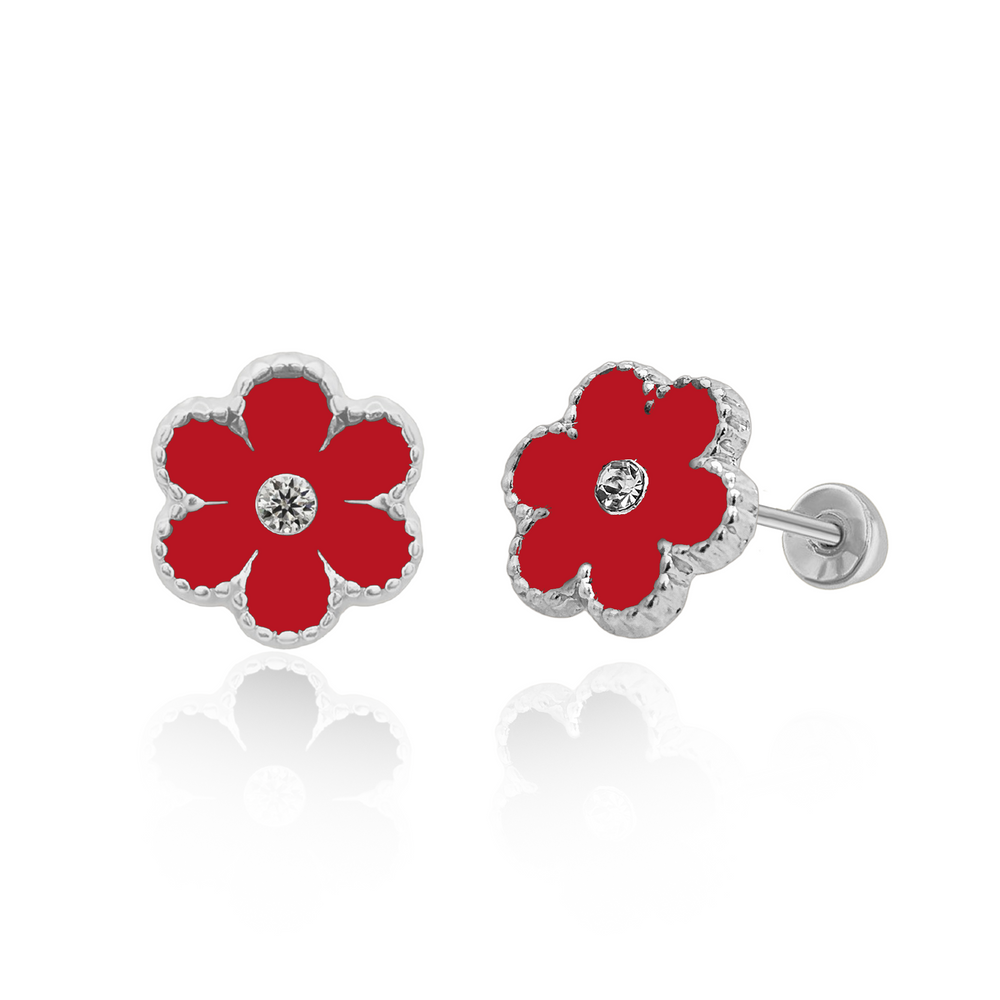 Sterling Silver Rhodium Plated Red Flower Screw Back Earring
