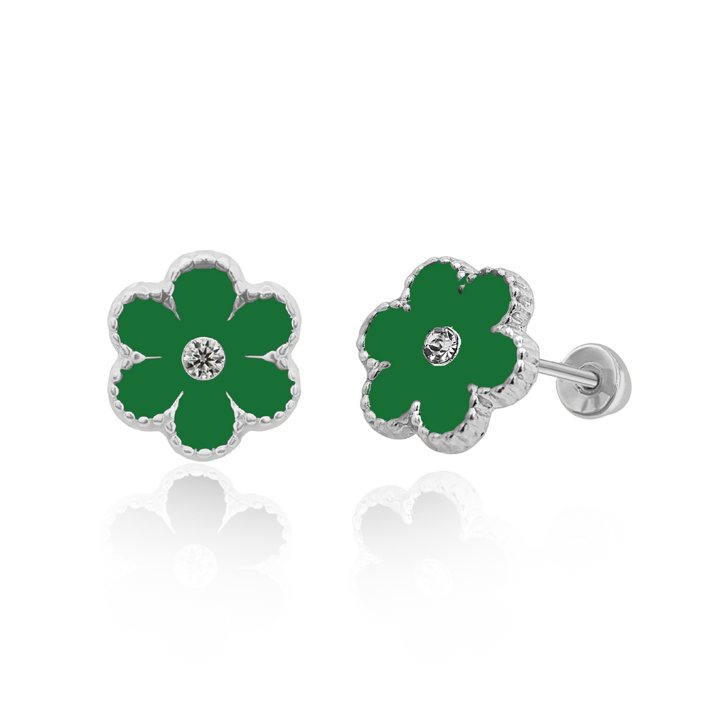 Sterling Silver Rhodium Plated Green Flower Screw Back Earring