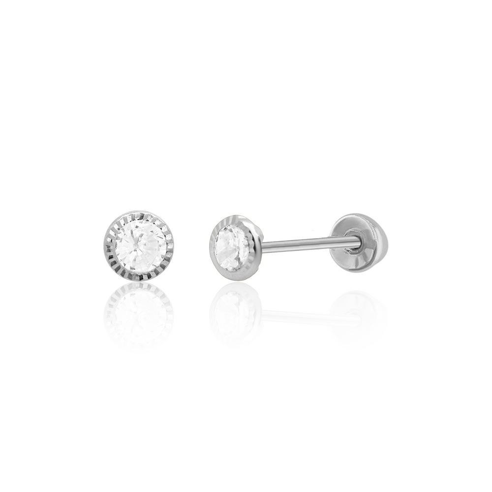 Sterling Silver Rhodium Plated Round Bezel Screw Back Earring