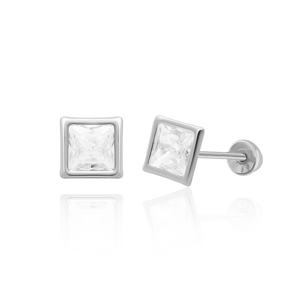 Sterling Silver Rhodium Plated Square Bezel Screw Back Earring