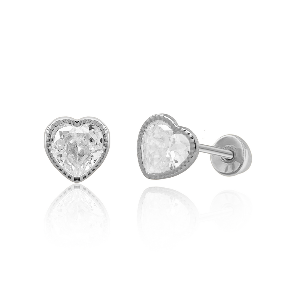 Sterling Silver Rhodium Plated Heart Diamond Cut Bezel Screw Back Earring