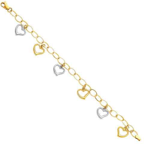 14K Two Tone Gold Light Fancy Hollow Heart Bracelet